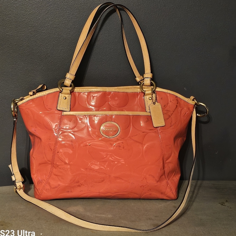 Coach Peyton Embossed Tote Orange/Coral - Picture 1 of 16